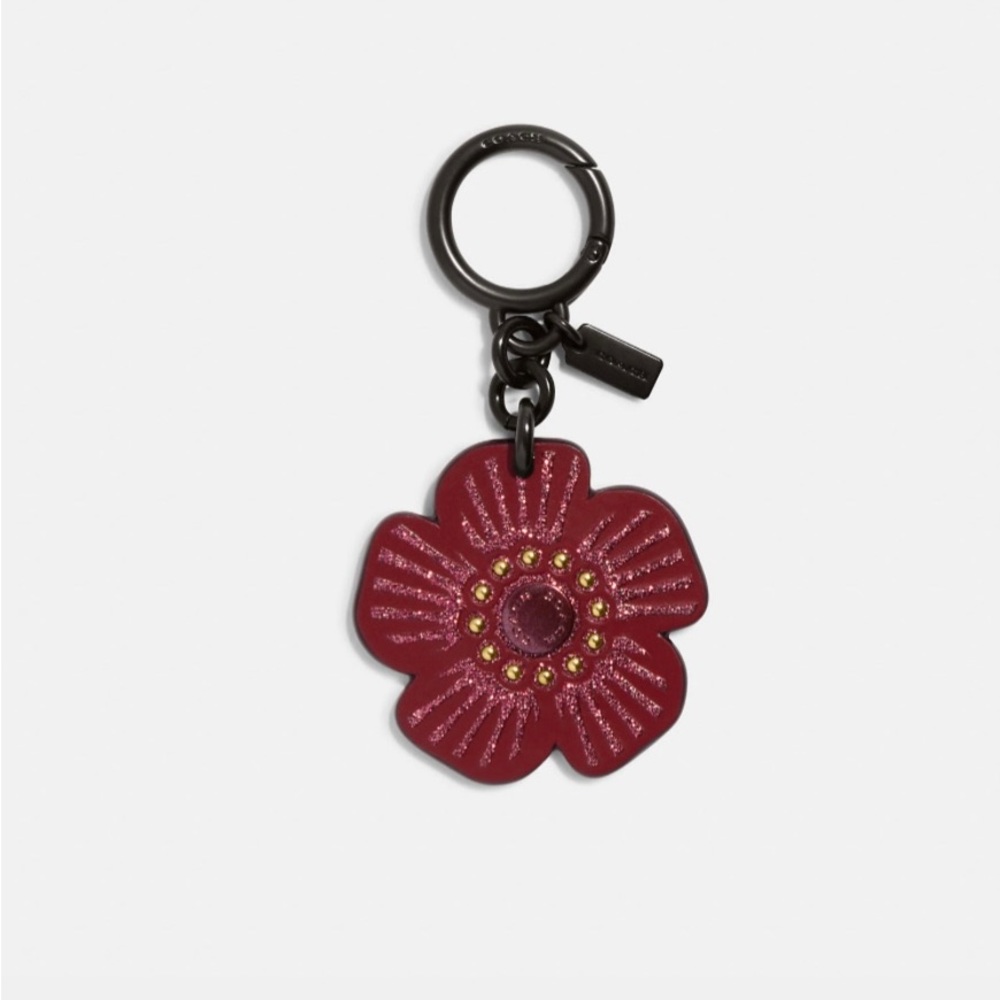 COACH LEATHER TEA FLOWER BAG CHARM - CHERRY RED